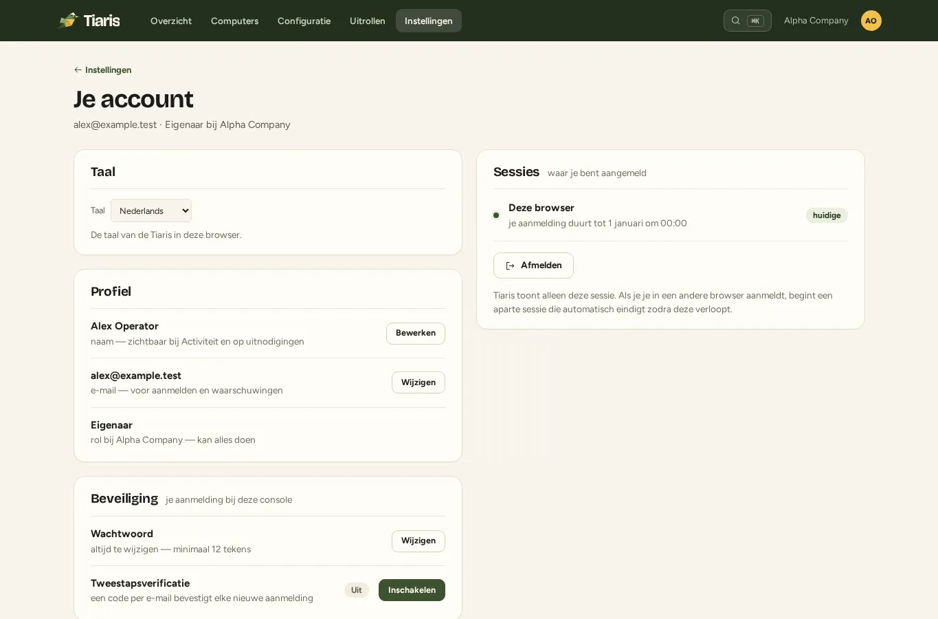 Je account met taal-, weergave- en beveiligingsopties.
