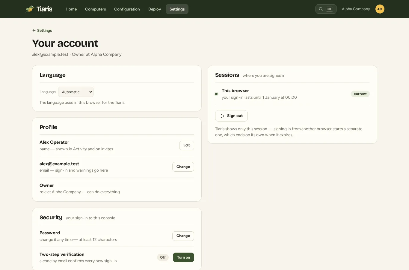 Your account page with language, appearance, and account-security controls.