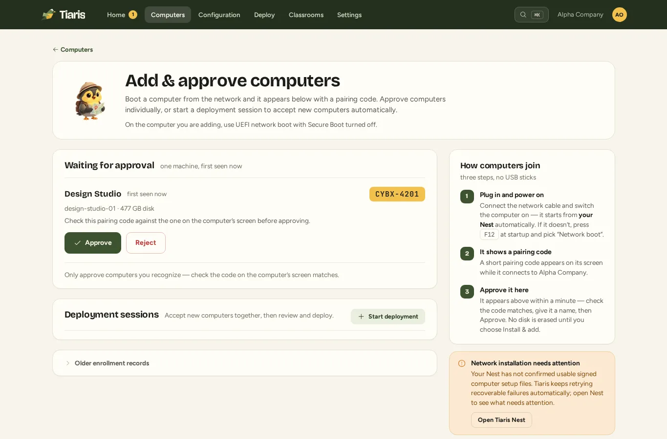 Add computers page showing installer steps and a pending computer.