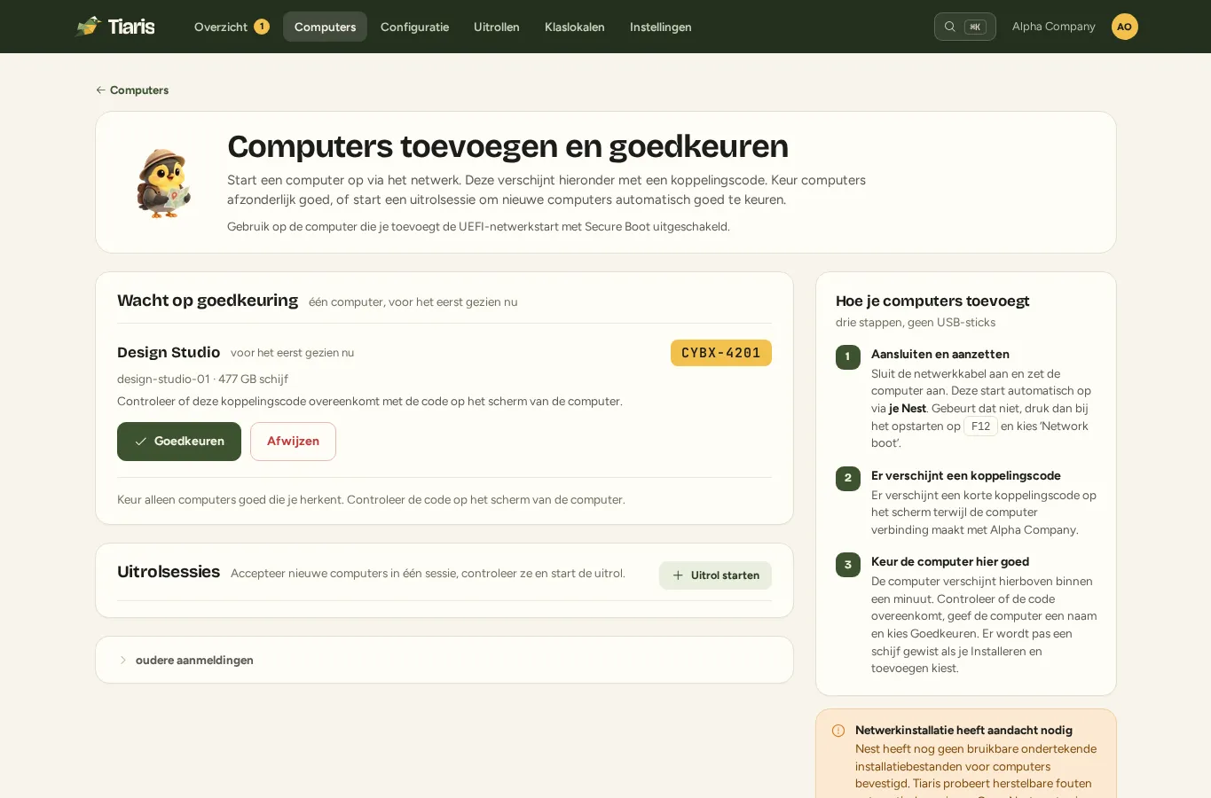 De pagina Computers toevoegen met installatiestappen en een wachtende computer.