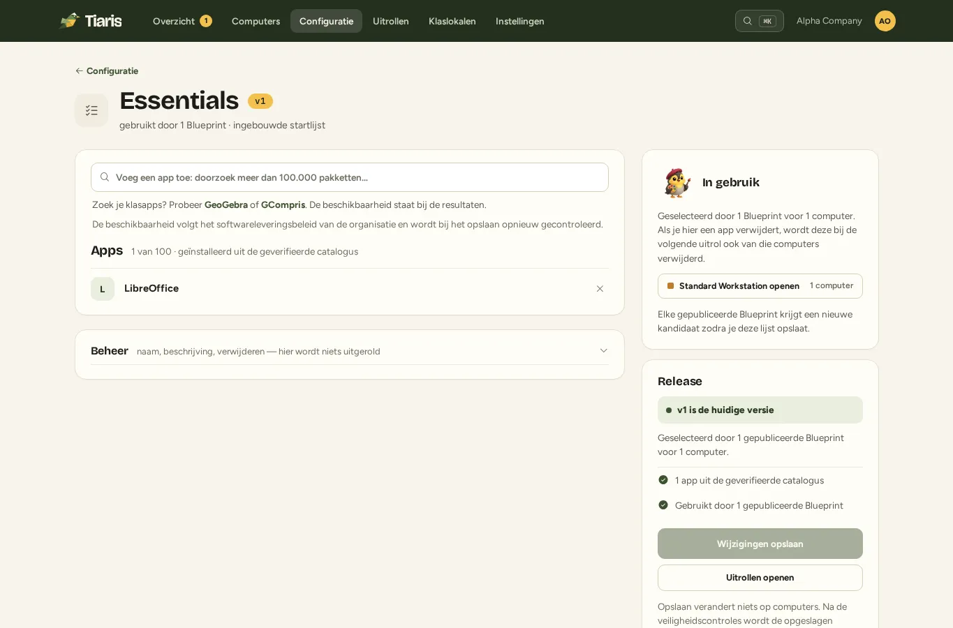 Een app-lijst met de geselecteerde applicaties en de Blueprints die deze gebruiken.