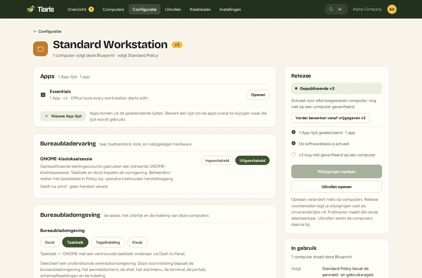 De Blueprint-editor met bureaubladomgeving, applicaties en releaseopties.