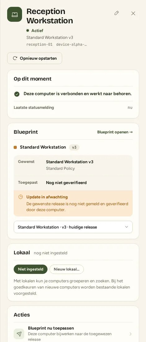 Computerdetails met beheerhandelingen en de veilige instructie voor de huidige handeling.