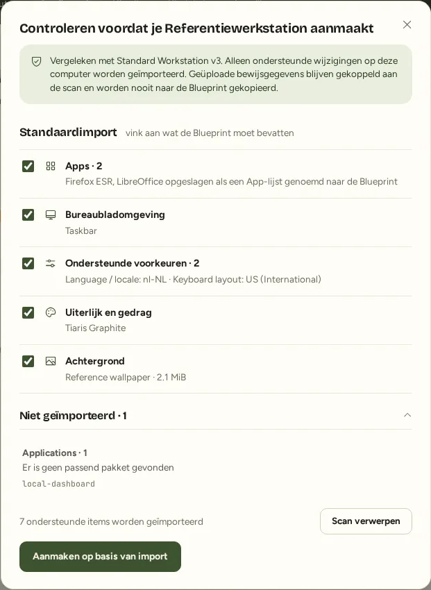 De beoordeling van een computerimport met de vergelijkingsbasis, ondersteunde onderdelen en een onopgelost pakket.