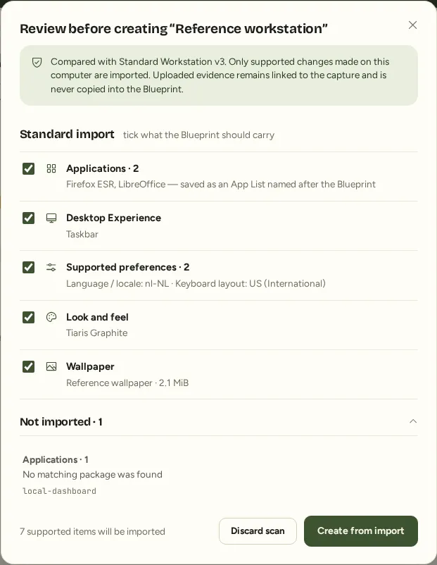 Computer import review showing the baseline, supported components, and a named unresolved package.
