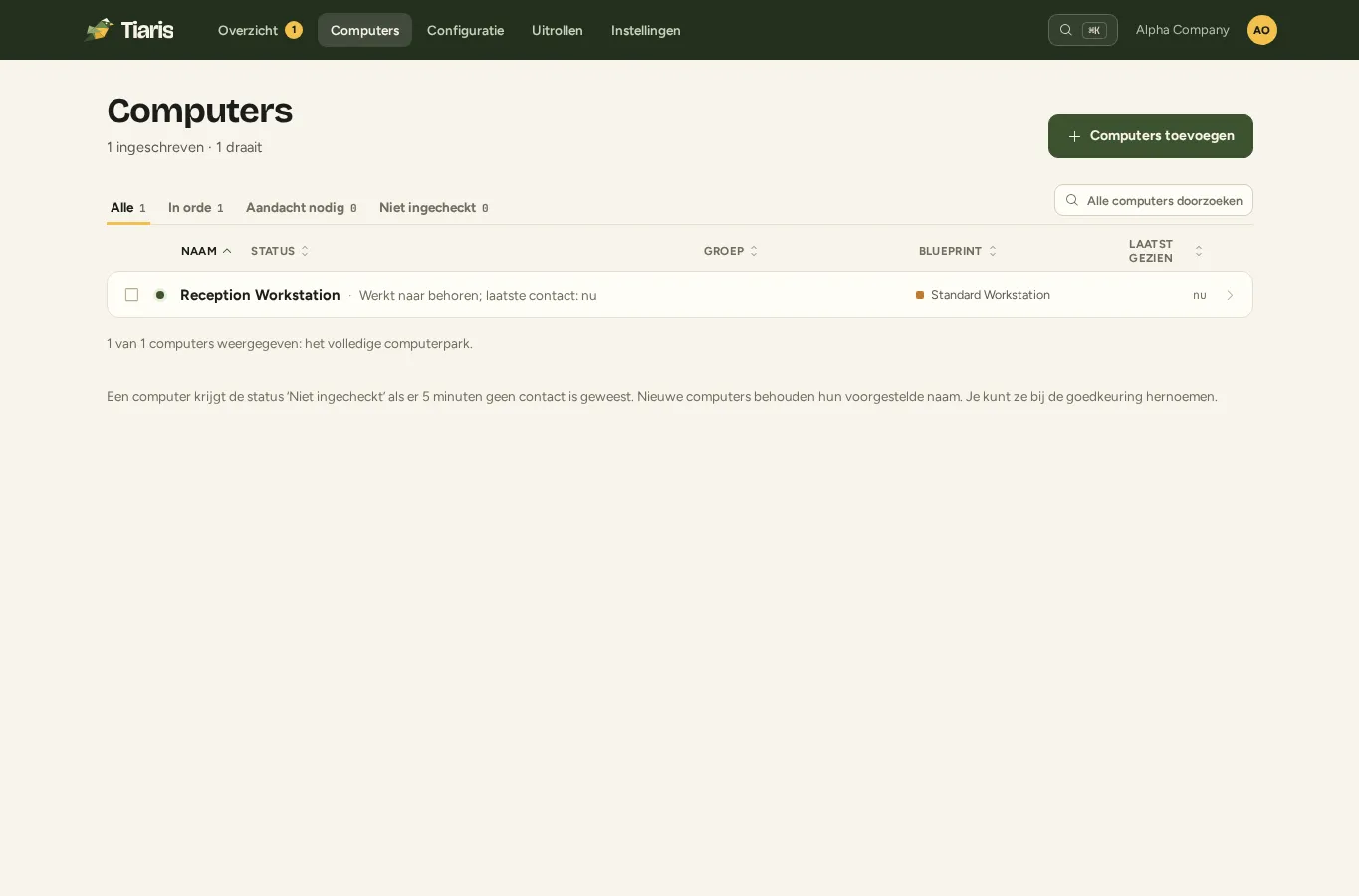 De computerinventaris met filters, status, toegewezen Blueprint en recent contact.