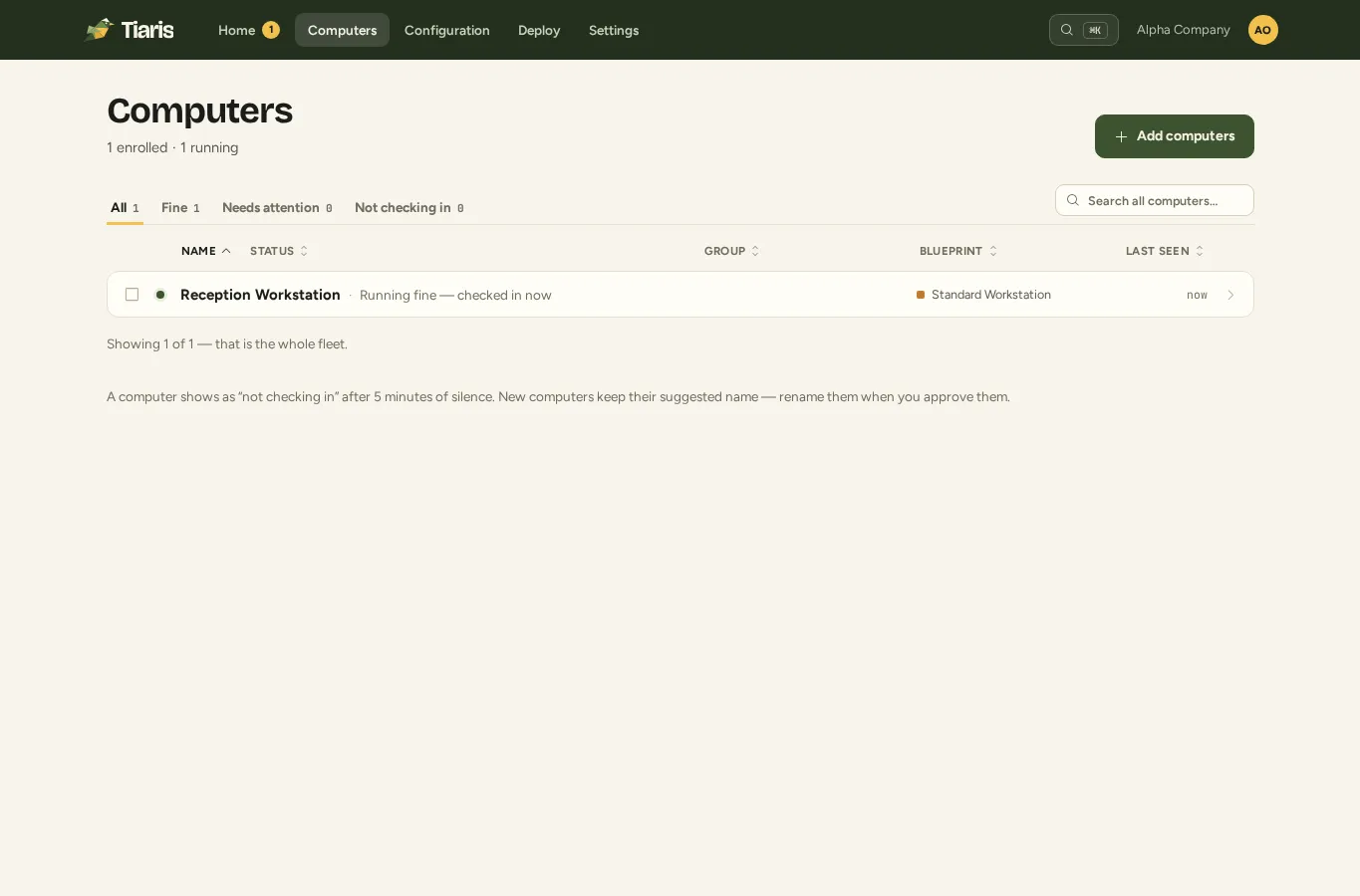 Computer inventory with filters, current status, assigned Blueprint, and recent contact.