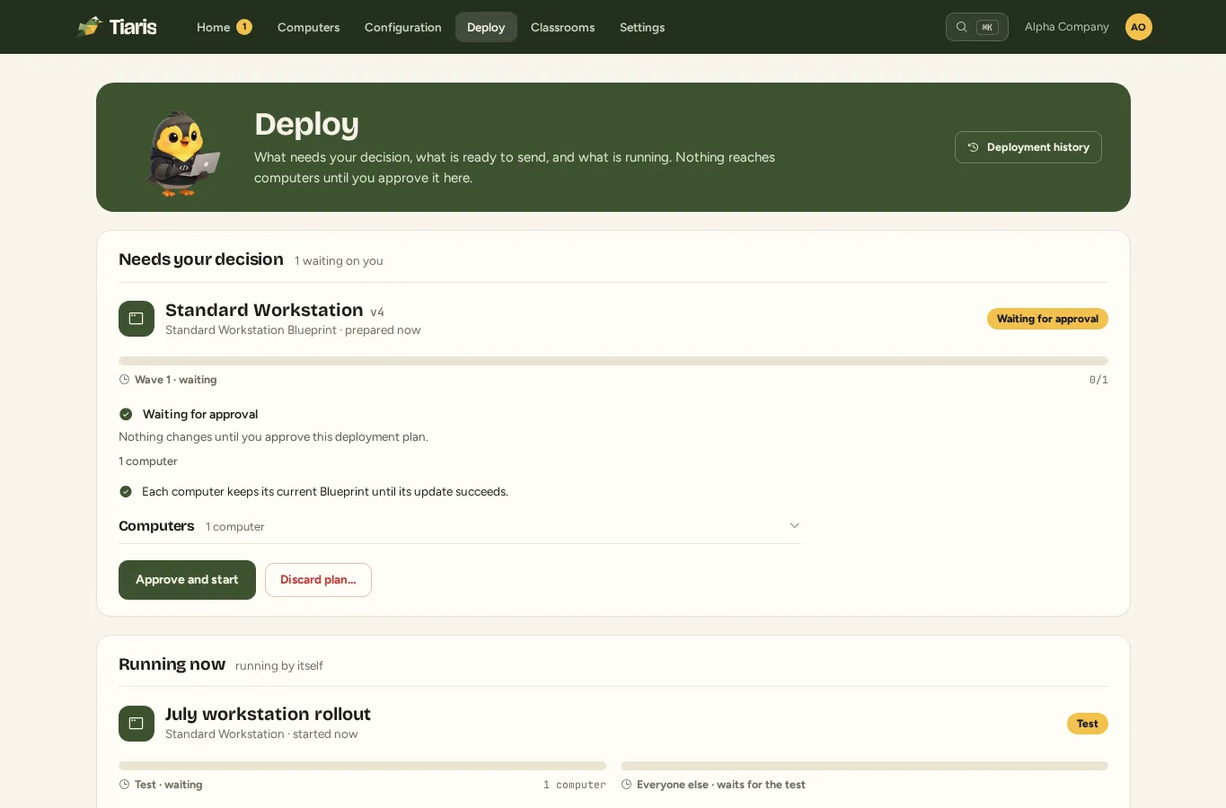 Deploy showing a plan awaiting approval with its component and computer scope.