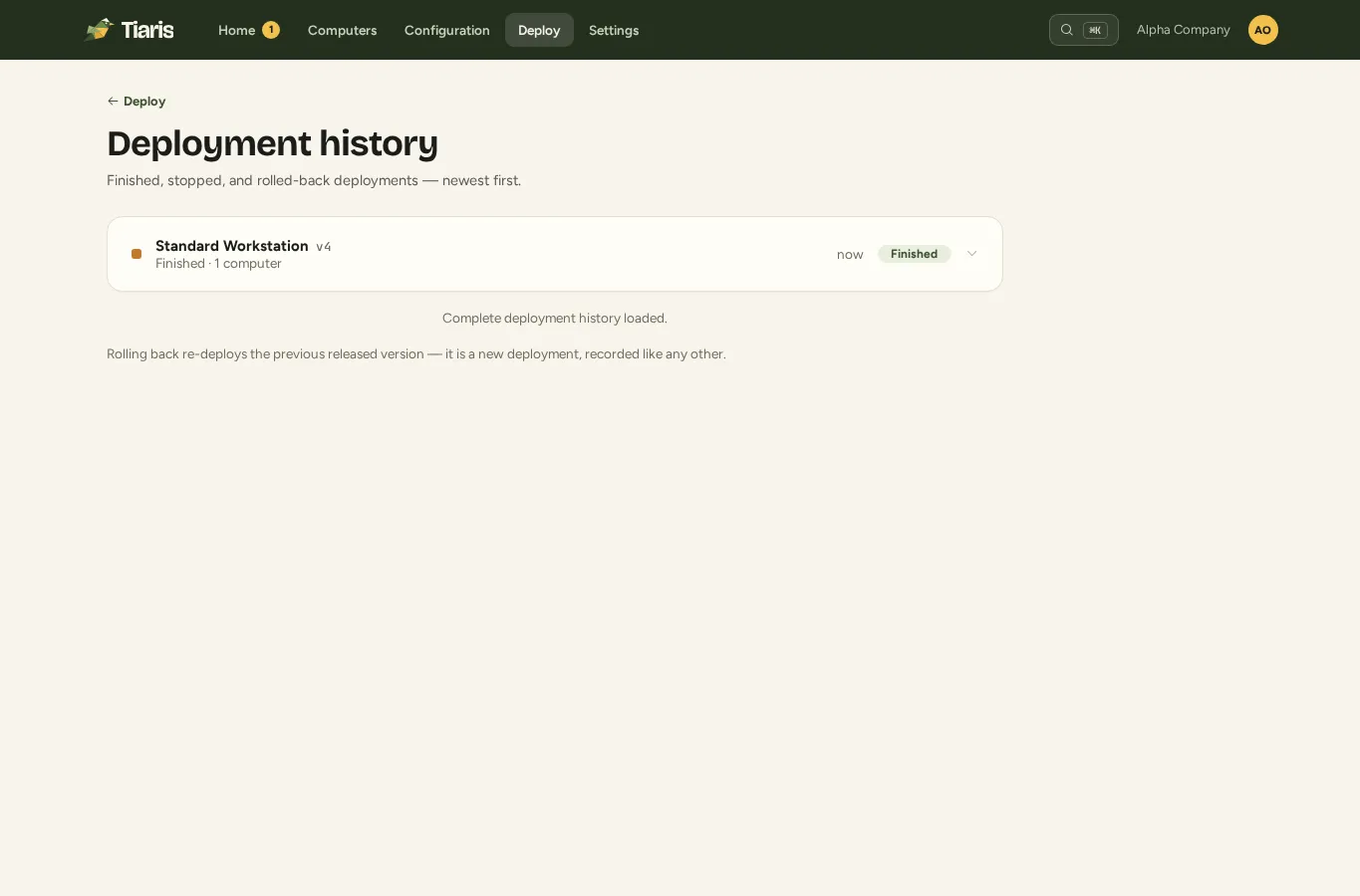 Deployment history with the outcome of a completed deployment.