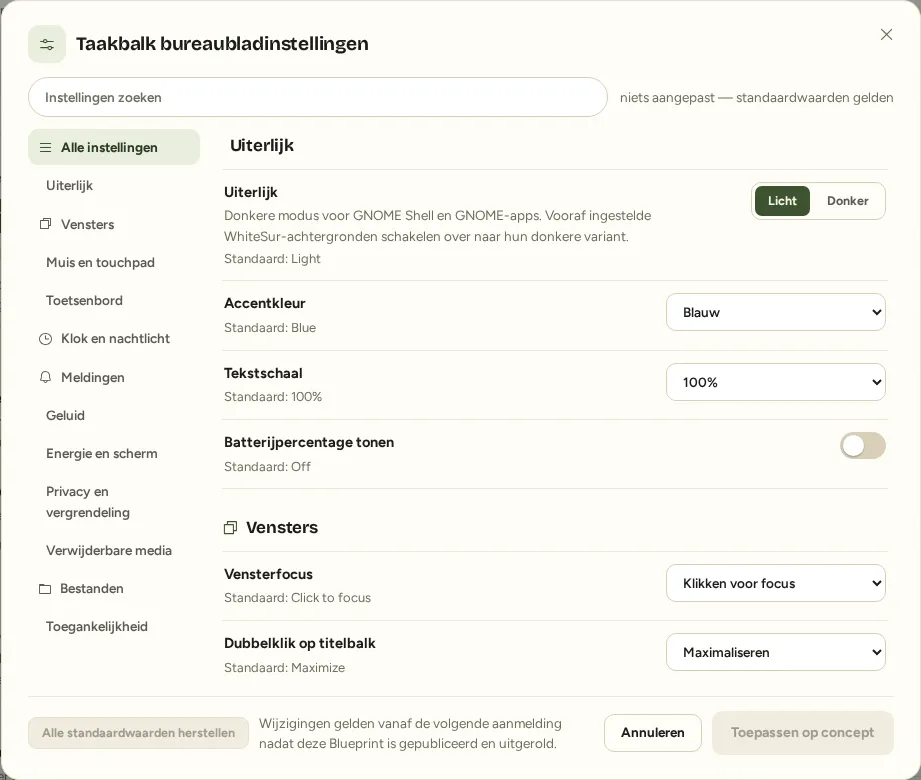 Het venster met desktopinstellingen voor de gekozen bureaubladomgeving.