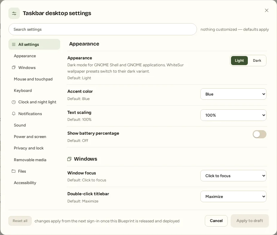 The desktop-settings dialog for the selected Desktop Experience.