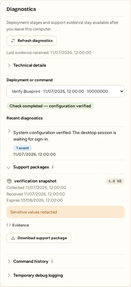 Workstation diagnostics showing a selected command, its outcome, and retained support evidence.