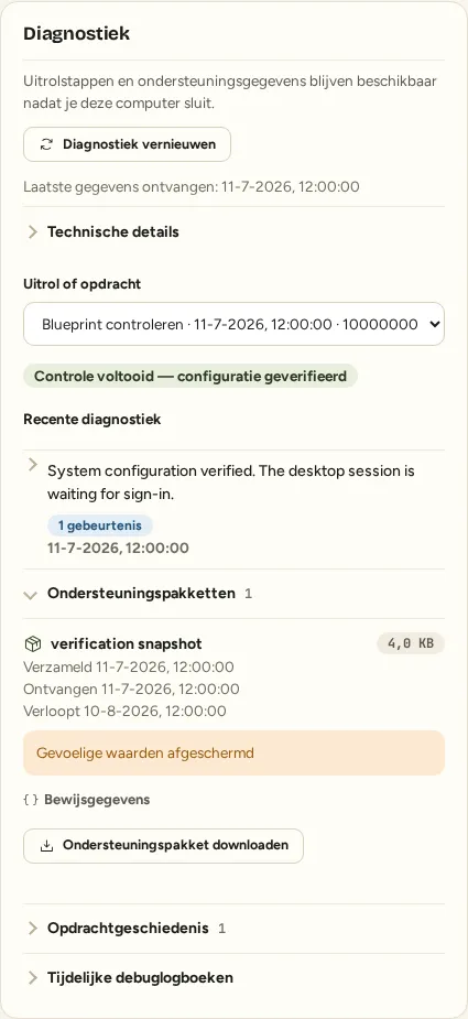 Diagnostiek met de opdrachtuitkomst, gerapporteerde versies en informatie over bewaarde pakketten.