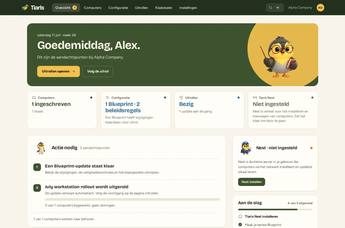 Het overzicht in Tiaris met de organisatiestatus en navigatie naar taken.