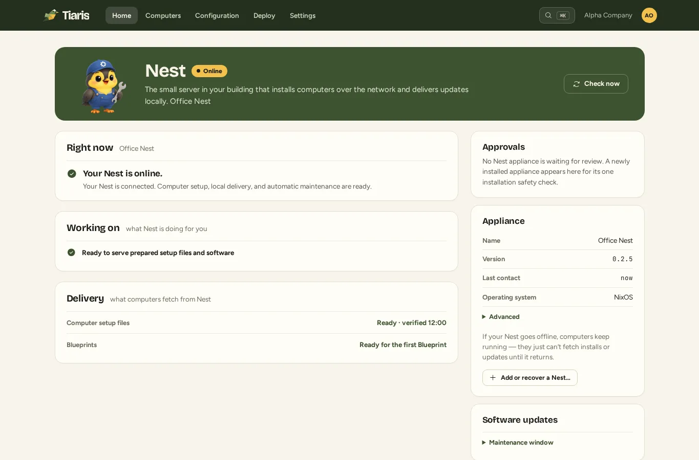 A healthy Nest page showing current availability, delivery readiness, and the appliance.