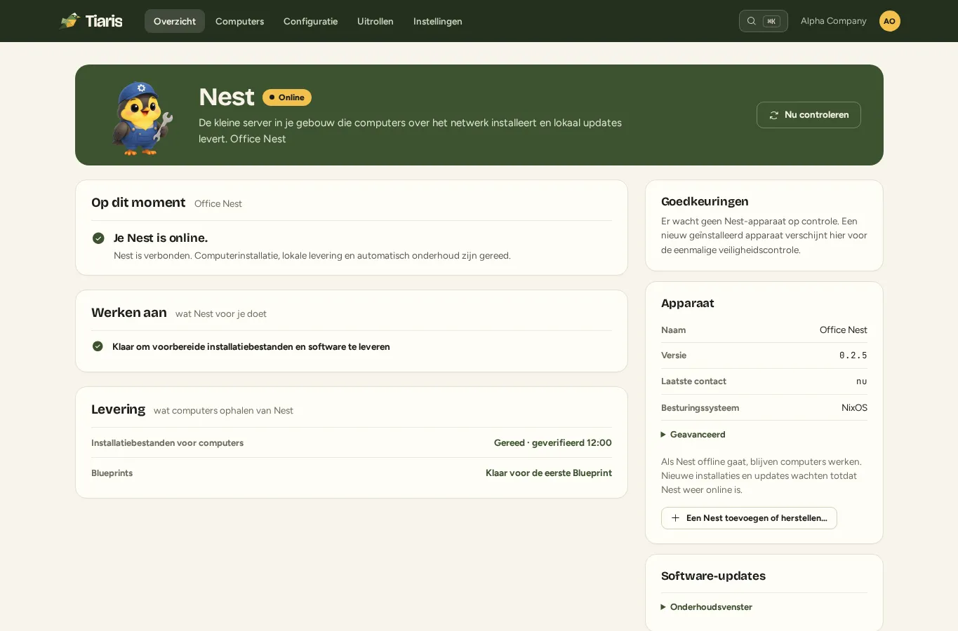 Een goed werkende Nest met actuele beschikbaarheid, leveringsstatus en de appliance.
