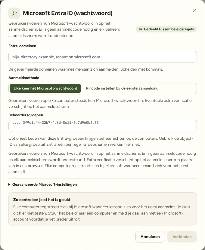 Het verbindingsvenster voor Microsoft Entra ID met wachtwoord bij de aanmeldbronnen in Tiaris.