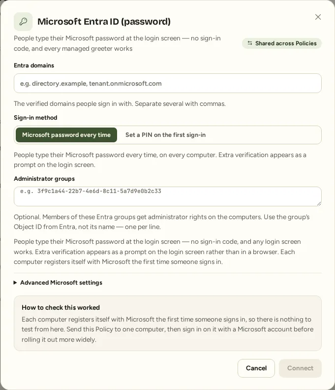 Microsoft Entra ID password connection dialog in Tiaris Sign-in sources.
