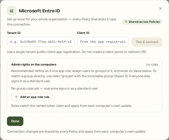 Microsoft Entra ID connection dialog in Tiaris Sign-in sources.