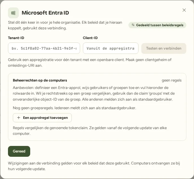 Het verbindingsvenster voor Microsoft Entra ID bij de aanmeldbronnen in Tiaris.