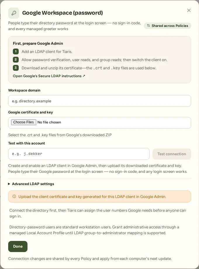 Google Workspace password connection dialog in Tiaris Sign-in sources.