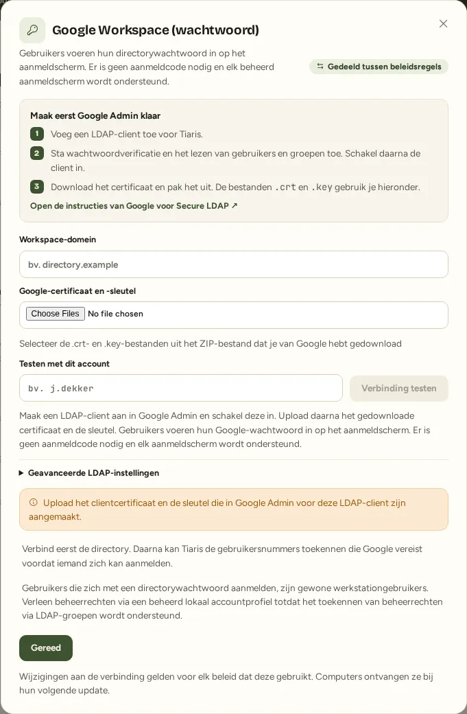 Het verbindingsvenster voor Google Workspace met wachtwoord bij de aanmeldbronnen in Tiaris.