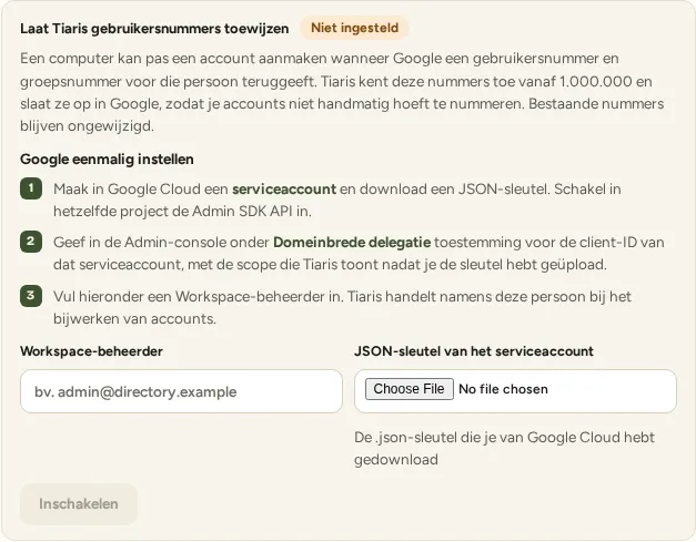 Automatische gebruikersnummers in het verbindingsvenster voor Google Workspace met wachtwoord.