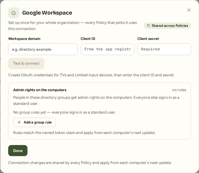 Google Workspace connection dialog in Tiaris Sign-in sources.