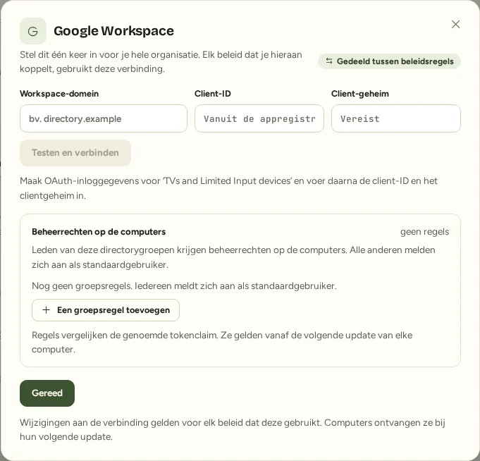 Het verbindingsvenster voor Google Workspace bij de aanmeldbronnen in Tiaris.