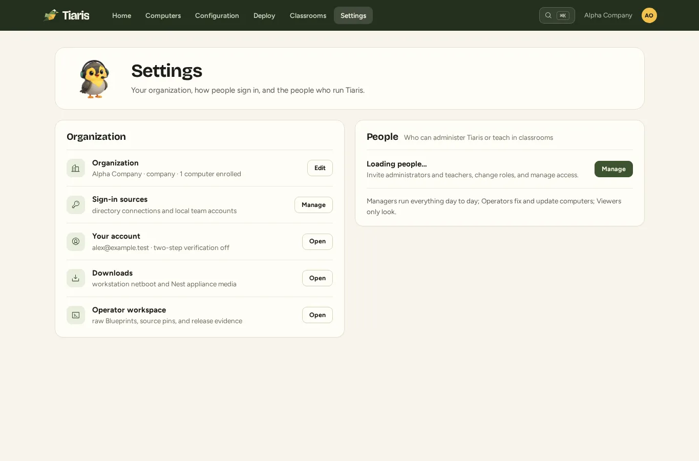 The Settings hub with organization, sign-in sources, account, and people destinations.